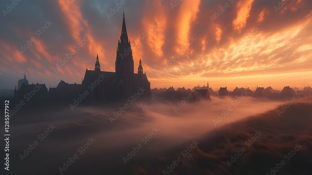 Fototapeta premium Cathedral Sunrise Foggy Landscape