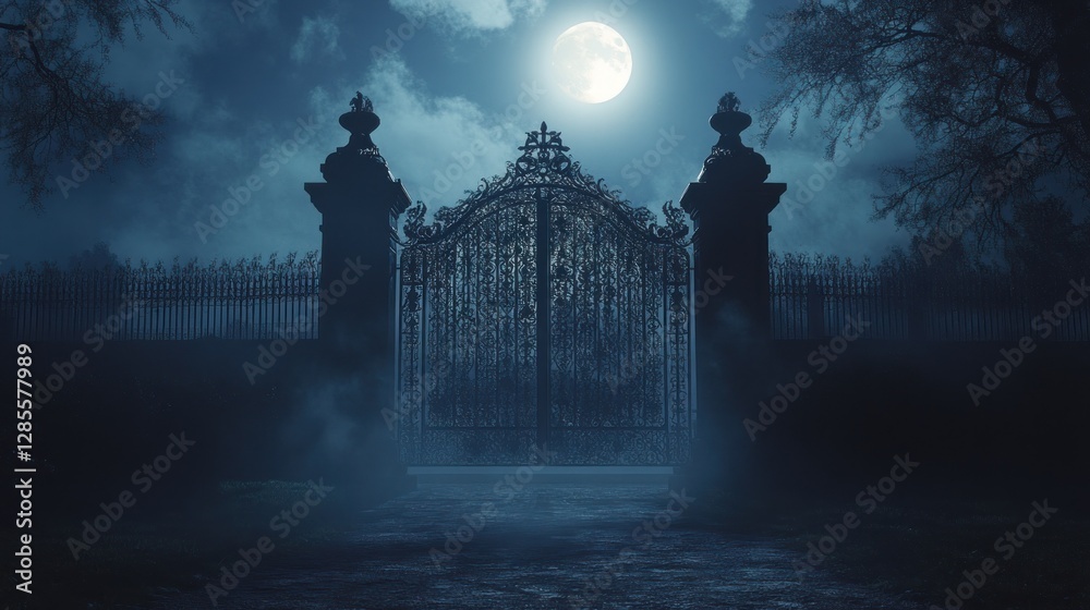 Mysterious Moonlight Gate: A Nighttime Scene of an Ornate Gate under a Full Moon Mysterious Moonlight Gate: A Nighttime Scene of an Ornate Gate under a Full Moon