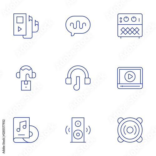 Audio icons set. Thin Line style, editable stroke. amplifier, music player, speaker, music, audio book, audio guide, audio message, video