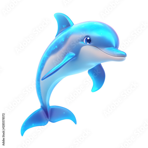 Fluffy 3D Cartoon Dolphin with Glowing Blue Highlights Isolated on Transparent Background