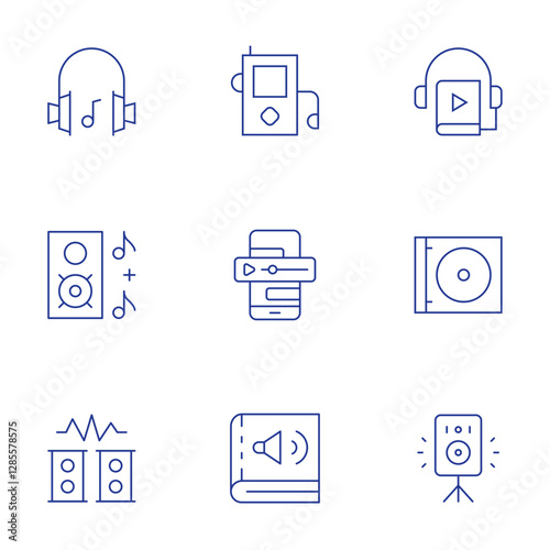 Audio icons set. Thin Line style, editable stroke. speakers, music, music player, sound system, cd, music headphones, audio book, audio file