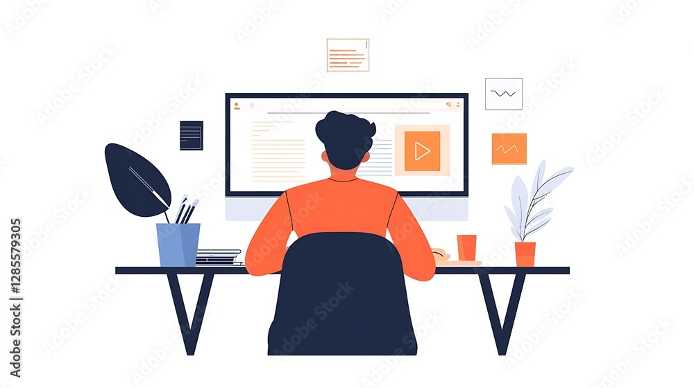 Fototapeta premium Remote work setup home office digital illustration modern workspace