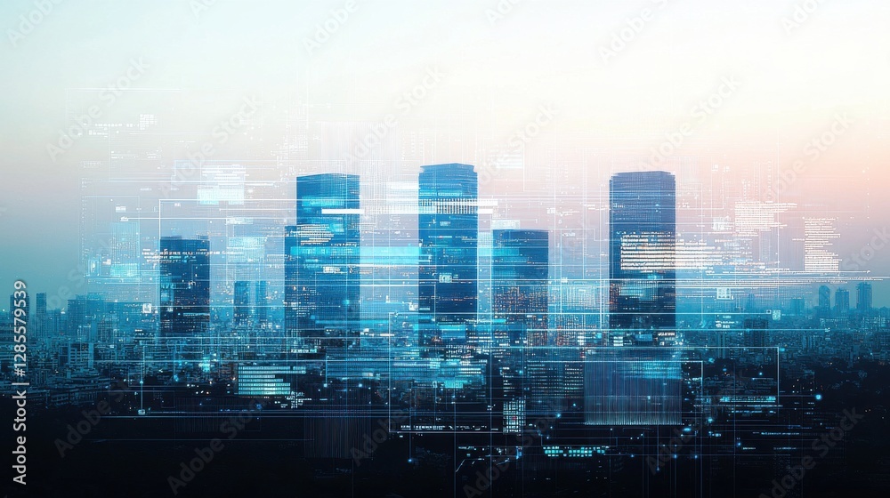 Breathtaking view of a dazzling metropolitan skyline at twilight showcasing a futuristic cityscape of towering glass skyscrapers and high rise buildings against a backdrop of a gradient blue sky
