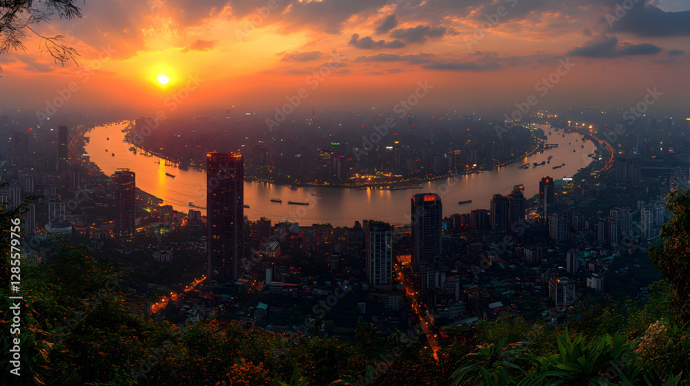 Fototapeta premium City Sunset River Bend Panoramic