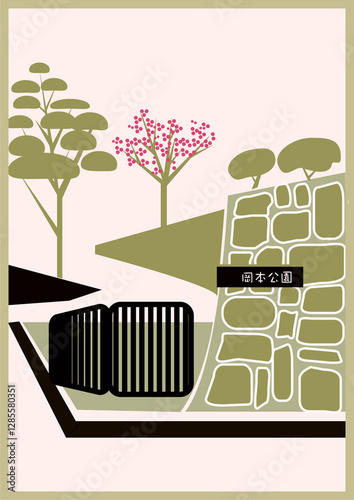 日本の、様式の、柵のある公園のエントランスの風景イラスト