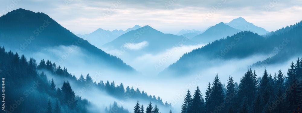 Obraz premium Serene Misty Mountain Landscape at Dawn with Evergreen Trees and Soft Cloud Cover