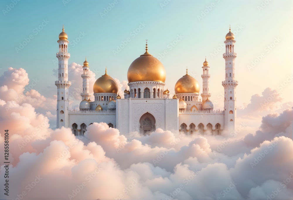 Obraz premium Mosque with golden domes and intricate arches majestically amid a dreamy