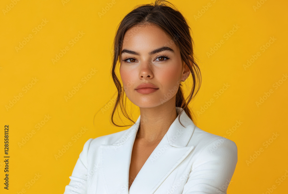 Confident businesswoman portrait studio professional photography yellow background close-up empowerment Confident businesswoman portrait studio professional photography yellow background close-up empowerment