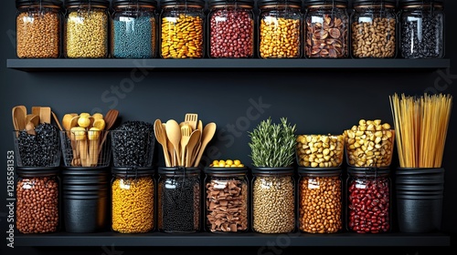 Well-stocked shelf filled with various types of food items showcasing culinary diversity and accessibility photo