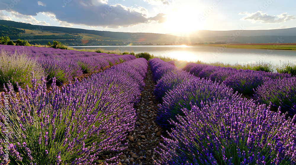Obraz premium A field of lavender flowers with a river in the background. generated using AI