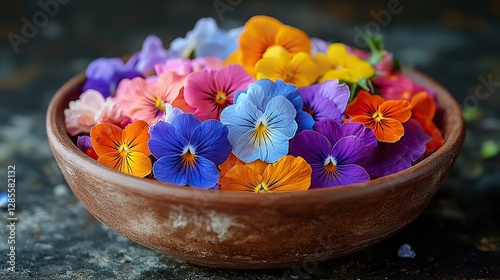 Fresh, edible flowers are arranged beautifully on a clay plate, adding a touch of elegance.