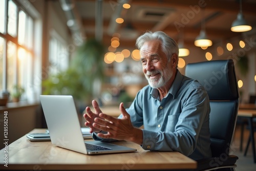 Laptop Desk Setup. Senior man gray hair smiling video call laptop cozy