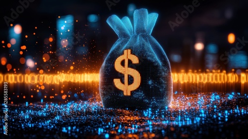Glowing money bag symbol shining brightly against a dark backdrop representing the potential for financial growth wealth and lucrative investment opportunities