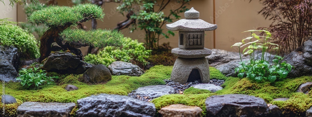 Serene Japanese Zen Garden with Stones Lantern, Moss, and Lush Greenery in Tranquil Setting