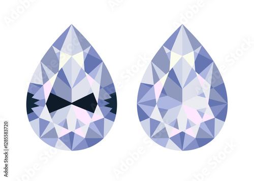 Pear cut diamond with and without bow tie effect. Flat vector illustration