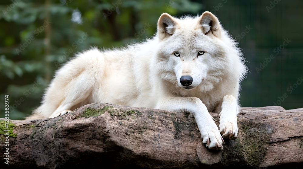 Majestic White Wolf Resting on Rock in Natural Forest Setting Outdoors : Generative AI Majestic White Wolf Resting on Rock in Natural Forest Setting Outdoors : Generative AI
