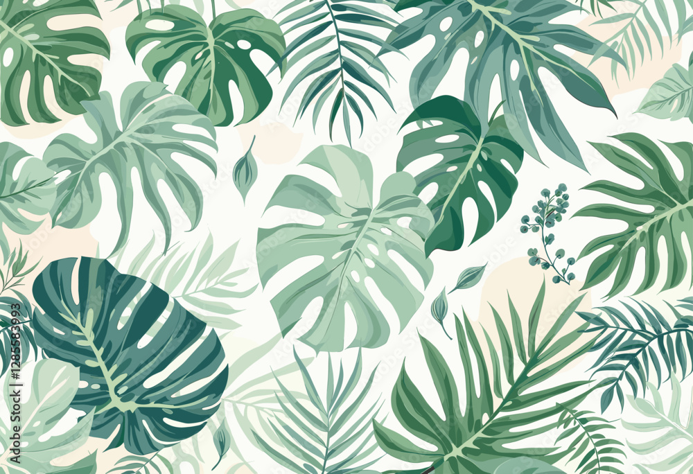 The pattern consists of various tropical leaves, predominantly palm leaves, arranged in a repeating design against a white background. The pattern consists of various tropical leaves, predominantly palm leaves, arranged in a repeating design against a white background.
