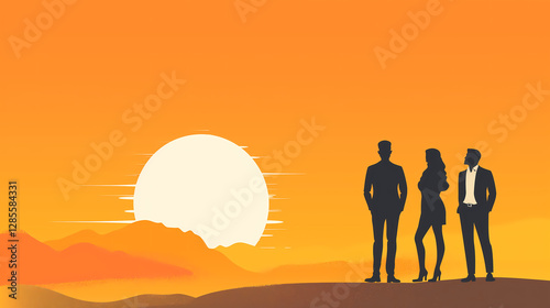 Silhouettes of Three People Standing Together at Sunset, Symbol of Teamwork and Unity

