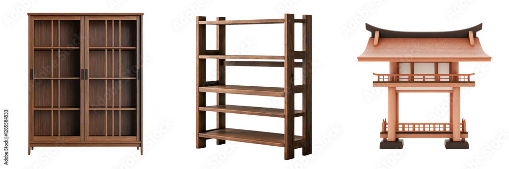 This image showcases a modern and minimalist wooden shelving unit with clean lines and geometric patterns reminiscent of traditional Japanese architectural elements This image showcases a modern and minimalist wooden shelving unit with clean lines and geometric patterns reminiscent of traditional Japanese architectural elements