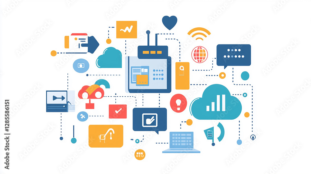 A connected digital network with various IoT icons, including cloud computing, analytics, and automation, representing the future of smart technology. A connected digital network with various IoT icons, including cloud computing, analytics, and automation, representing the future of smart technology.
