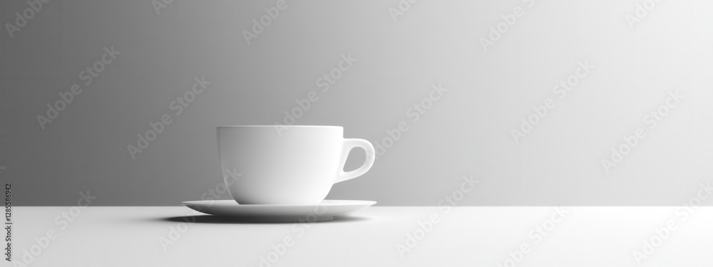 Minimalist White Coffee Cup on Saucer Against Light Gray Background for Modern Design Use Minimalist White Coffee Cup on Saucer Against Light Gray Background for Modern Design Use