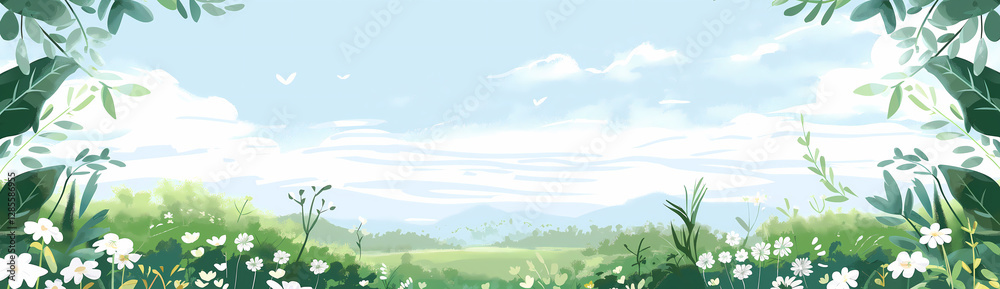 Fototapeta premium Serene Spring Meadow Framed by Lush Green Leaves and White Flowers, Peaceful Nature Scene