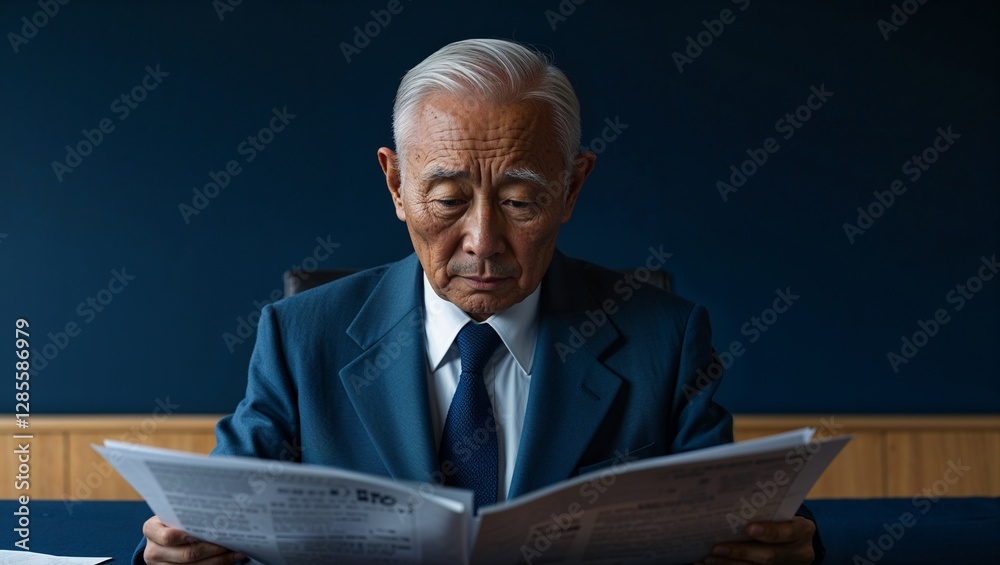 An elderly East Asian man reviewing documents in a suit in a boardroom in closeup portrait on a plain navy blue background An elderly East Asian man reviewing documents in a suit in a boardroom in closeup portrait on a plain navy blue background
