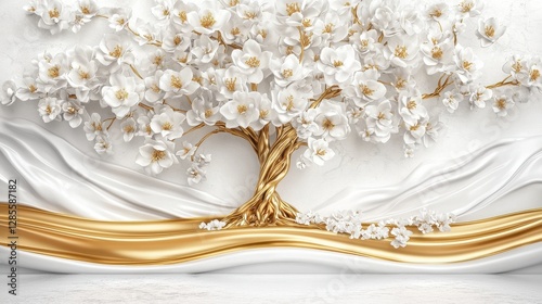 Elegant and delicate blooming floral ornament with soft golden flowing accents against a pristine white background conveying a sense of natural beauty romance and springtime