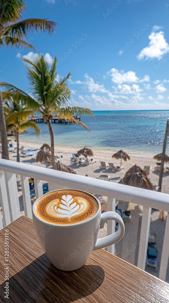Serene Beachfront Coffee Scene with Palm Trees and Clear Blue Ocean in Tropical Paradise Serene Beachfront Coffee Scene with Palm Trees and Clear Blue Ocean in Tropical Paradise