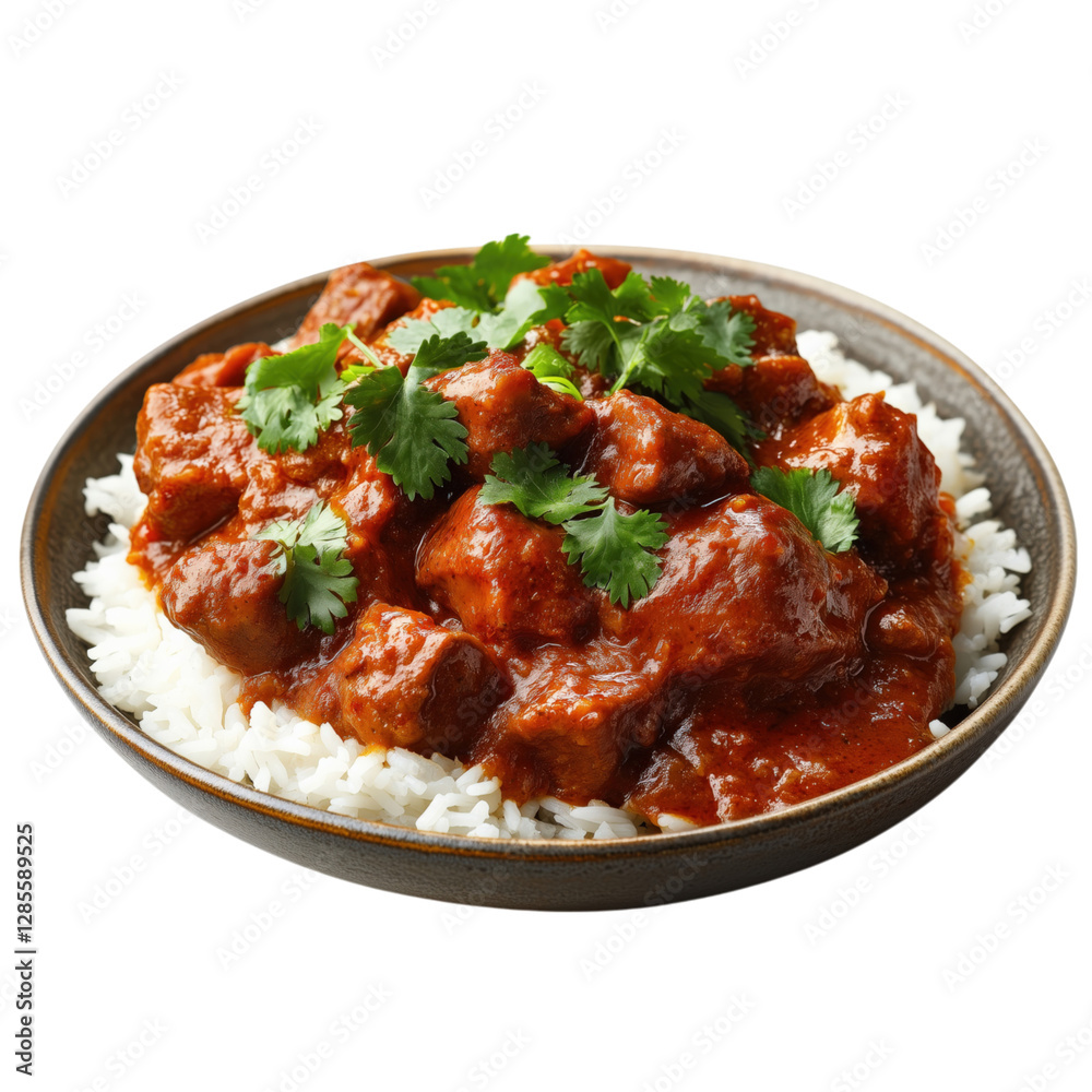 A plate of aromatic, spiced Indian curry with tender chunks of meat served over fluffy basmati rice, garnished with fresh cilantro. A comforting and flavorful dish. A plate of aromatic, spiced Indian curry with tender chunks of meat served over fluffy basmati rice, garnished with fresh cilantro. A comforting and flavorful dish.