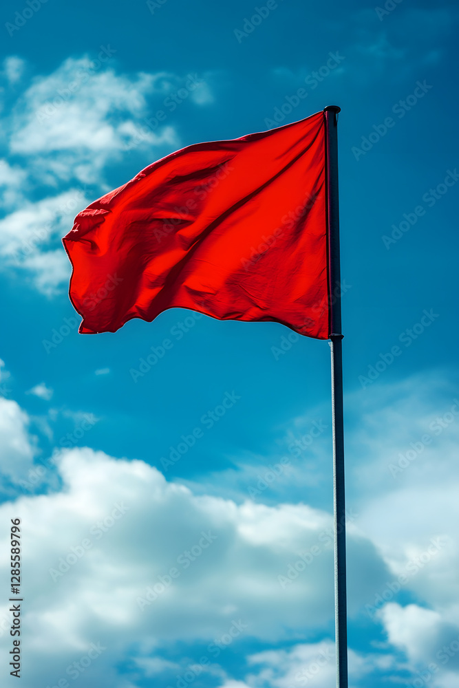 Vibrant Red Flag Waving Against Clear Blue Sky Symbolizing Strength and Unity : Generative AI Vibrant Red Flag Waving Against Clear Blue Sky Symbolizing Strength and Unity : Generative AI