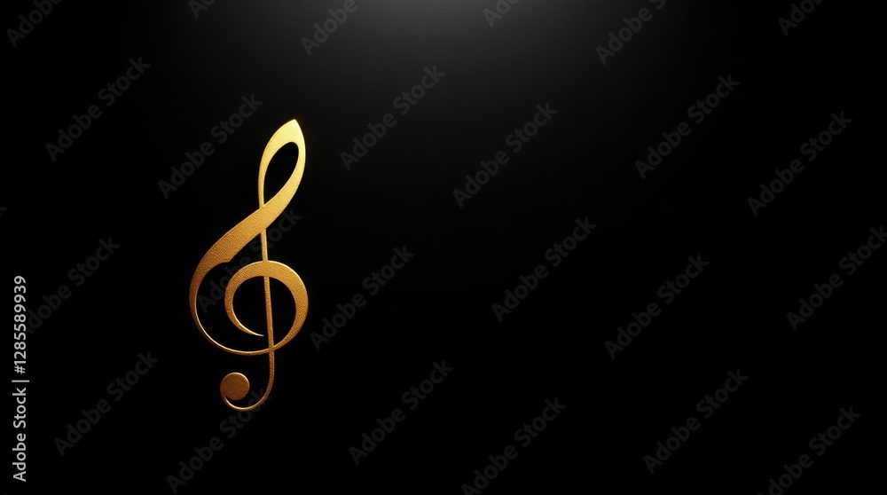 Golden treble clef symbol against a stark black background, representing music and sound, with elegant curves. Golden treble clef symbol against a stark black background, representing music and sound, with elegant curves.