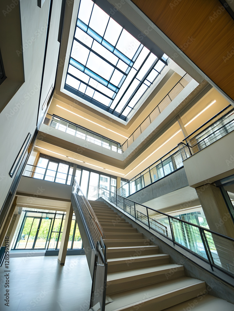 Modern Indoor Staircase with Glass Railings in a Spacious Corporate Building : Generative AI Modern Indoor Staircase with Glass Railings in a Spacious Corporate Building : Generative AI