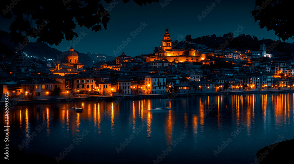 Fototapeta premium Nightfall Town Reflects on Water