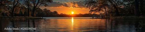 Beautiful Sunset Over Calm Lake Waters Surrounded by Trees. Generative AI