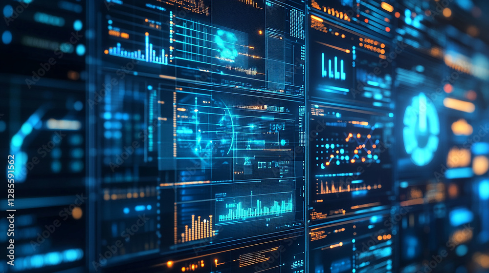 A high-tech digital dashboard displaying real-time big data analytics, cloud storage, and AI-driven business intelligence. A high-tech digital dashboard displaying real-time big data analytics, cloud storage, and AI-driven business intelligence.