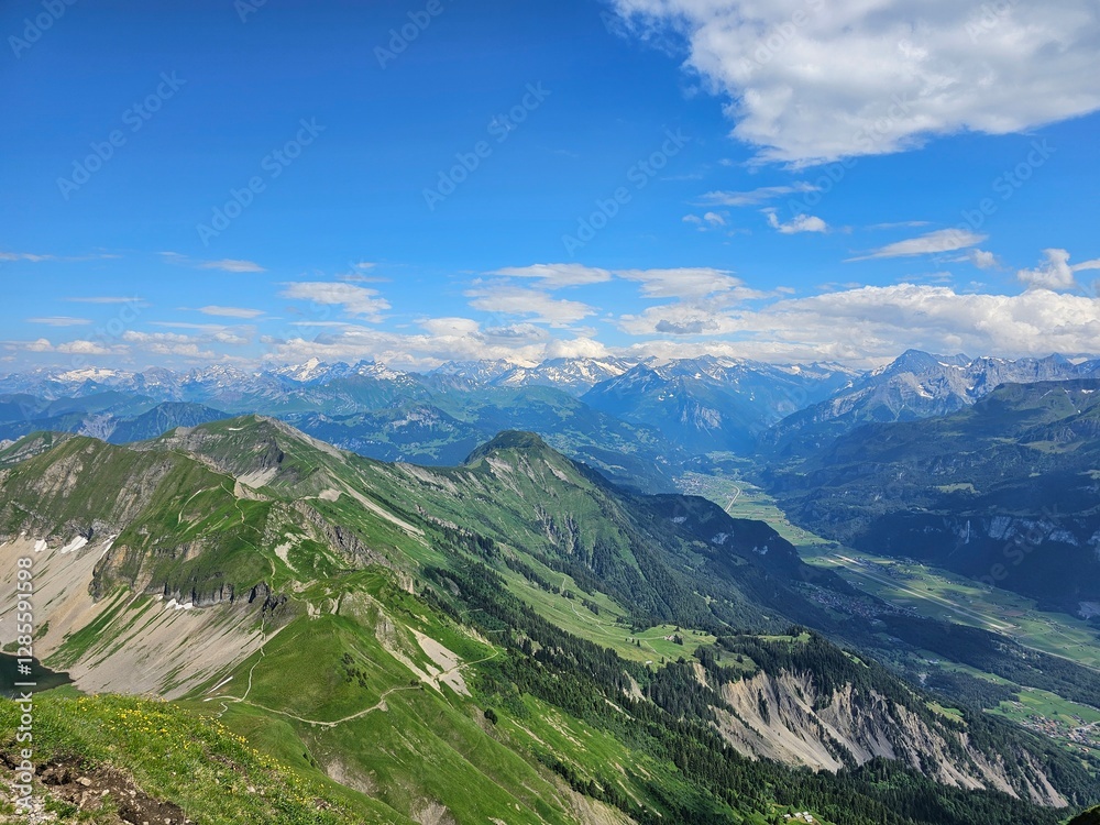 A stunning summer photo of Brienzer Rothorn, one of Switzerland’s most beautiful peaks, showcasing its majestic view over the surrounding Swiss Alps. The image captures the lush green landscapes and v A stunning summer photo of Brienzer Rothorn, one of Switzerland’s most beautiful peaks, showcasing its majestic view over the surrounding Swiss Alps. The image captures the lush green landscapes and v
