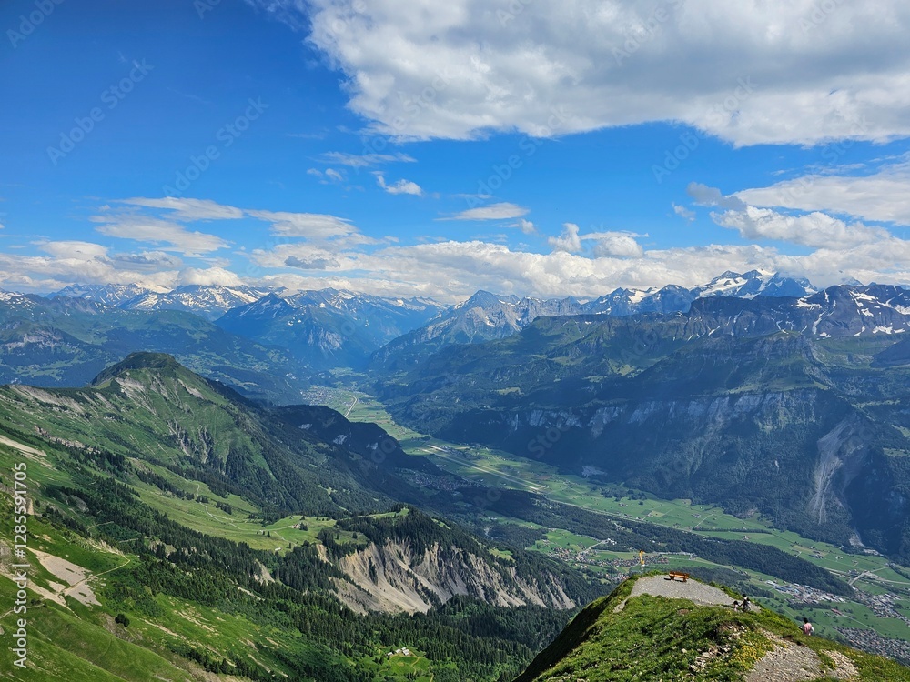 A stunning summer photo of Brienzer Rothorn, one of Switzerland’s most beautiful peaks, showcasing its majestic view over the surrounding Swiss Alps. The image captures the lush green landscapes and v A stunning summer photo of Brienzer Rothorn, one of Switzerland’s most beautiful peaks, showcasing its majestic view over the surrounding Swiss Alps. The image captures the lush green landscapes and v
