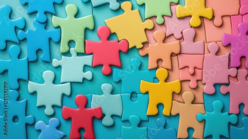 Vibrant jigsaw puzzle pieces arranged in a pattern representing the concepts of unity  The diverse colors and shapes create a visually appealing and abstract composition photo