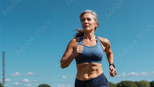 A middle aged woman running in activewear in a park in closeup portrait on a plain sky blue background