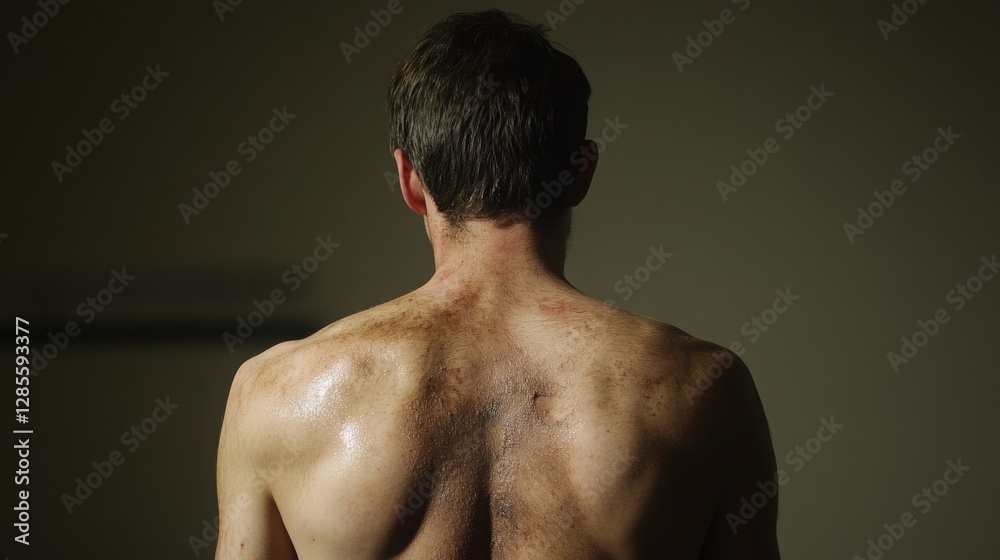 A sun-damaged back with irregular patches of irritation--some areas deep red, while others have lost pigmentation due to acid exposure. A sun-damaged back with irregular patches of irritation--some areas deep red, while others have lost pigmentation due to acid exposure.