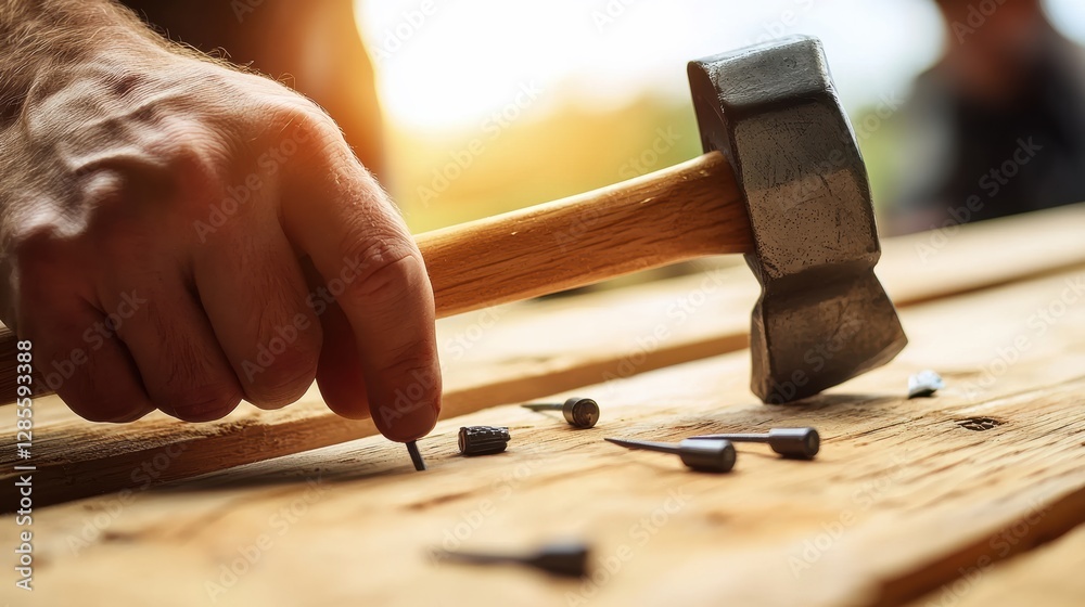 Hammering nails crafting wood projects workshop photo natural light close-up diy skills Hammering nails crafting wood projects workshop photo natural light close-up diy skills