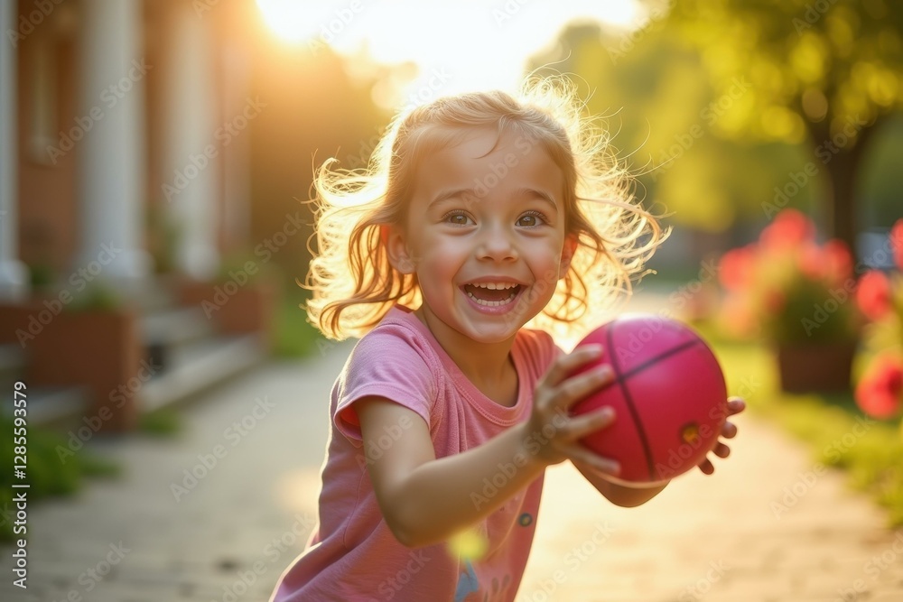 Little girl is holding pink basketball ball in her hands Little girl is holding pink basketball ball in her hands