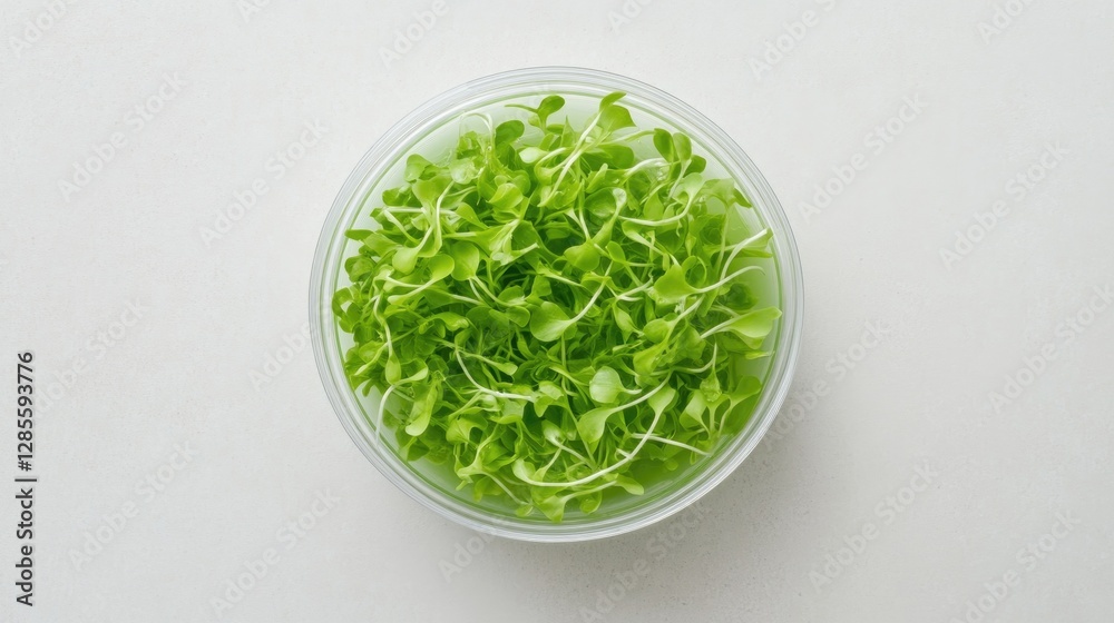Fresh microgreens in clear bowl showcase vibrant green colors an Fresh microgreens in clear bowl showcase vibrant green colors an