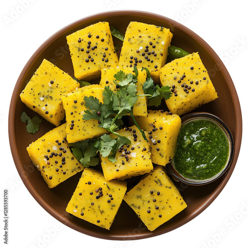 Soft and fluffy Indian dhokla, a savory steamed chickpea cake, garnished with mustard seeds, green chilies, and fresh cilantro. Served with a side of tangy green chutney.