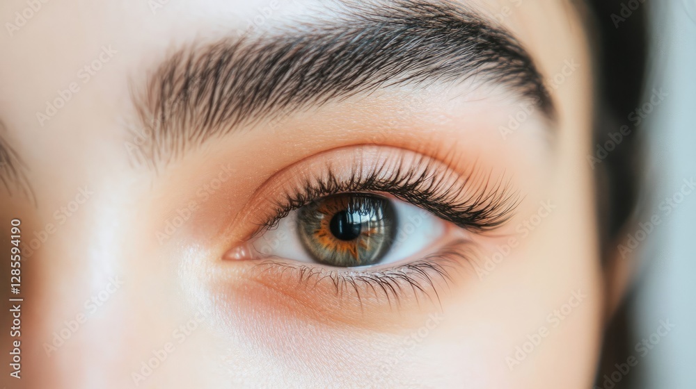 Fototapeta premium Close-up of a woman's eye with long lashes, soft light, blurred background, conveying quiet introspection. 