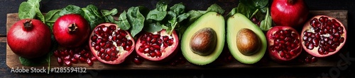 Pomegranates and Avocados with Greens on Wooden Board. Generative AI photo