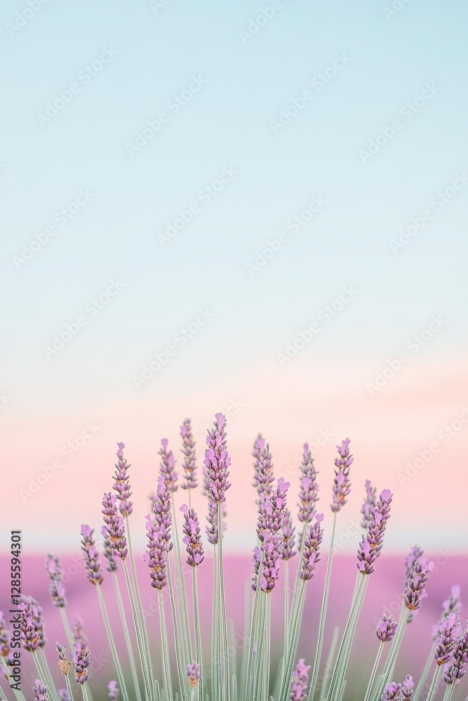 Naklejka premium Lavender blooms rise against soft pastel sky, creating serene at