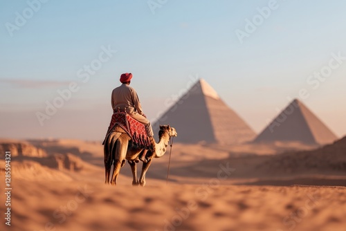 Camel rider gazes at ancient pyramids under warm desert sunset s photo