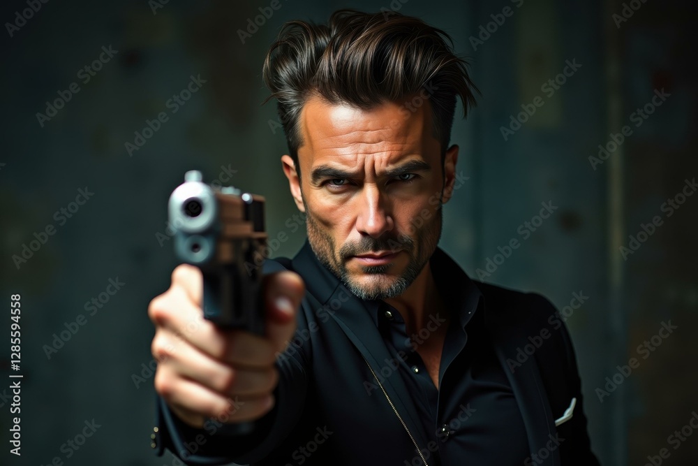 Man is holding gun in his hand and pointing it at camera Man is holding gun in his hand and pointing it at camera